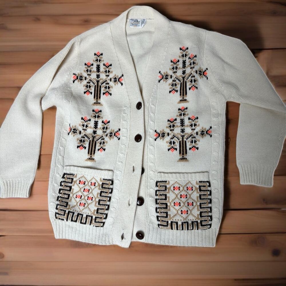 Women's Cream Cardigan Sweater with Embroidered Design